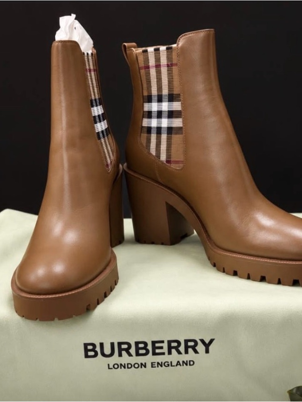 Burberry Brown Leather Chelsea Platform Ankle Boots with Signature Check